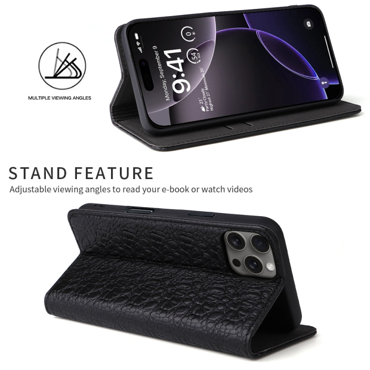 For iPhone 16 Pro Fierre Shann Crocodile Texture Magnetic Genuine Leather Phone Case(Black) - iPhone 16 Pro Cases by FIERRE SHANN | Online Shopping South Africa | PMC Jewellery | Buy Now Pay Later Mobicred