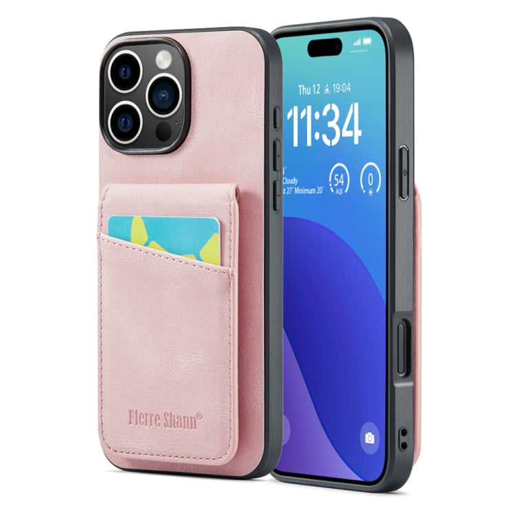 For iPhone 16 Pro Max Fierre Shann Crazy Horse Card Holder Back Cover PU Phone Case(Pink) - iPhone 16 Pro Max Cases by FIERRE SHANN | Online Shopping South Africa | PMC Jewellery | Buy Now Pay Later Mobicred