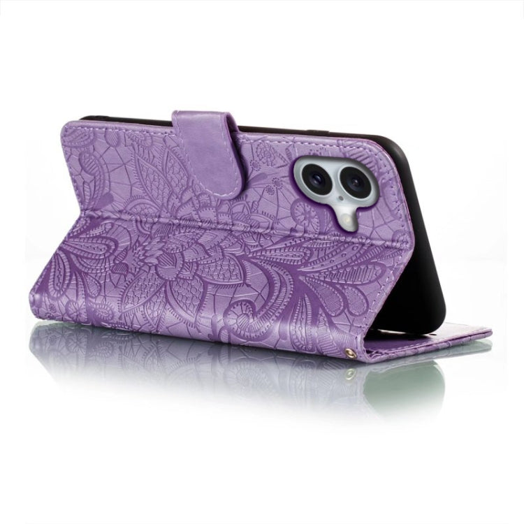 For iPhone 16 Lace Flower Embossing Flip Leather Phone Case(Purple) - iPhone 16 Cases by PMC Jewellery | Online Shopping South Africa | PMC Jewellery | Buy Now Pay Later Mobicred