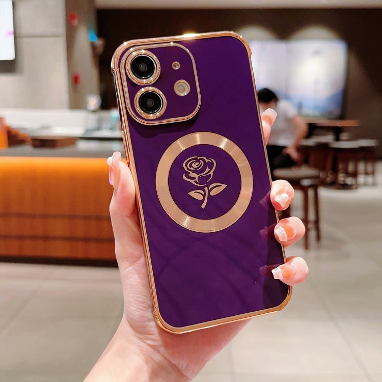 For iPhone 11 Electroplate Side Roses Flower MagSafe Phone Case(Dark Purple) - iPhone 11 Cases by PMC TechLife | Online Shopping South Africa | PMC TechLife