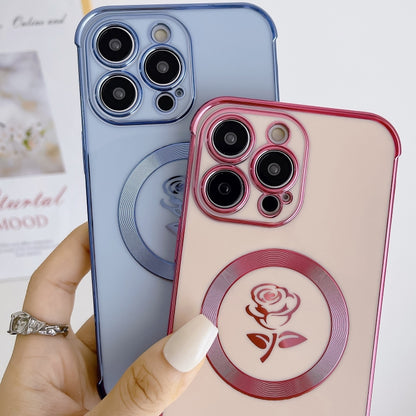 For iPhone 14 Pro Max Electroplate Side Roses Flower MagSafe Phone Case(Pink) - iPhone 14 Pro Max Cases by PMC Jewellery | Online Shopping South Africa | PMC Jewellery