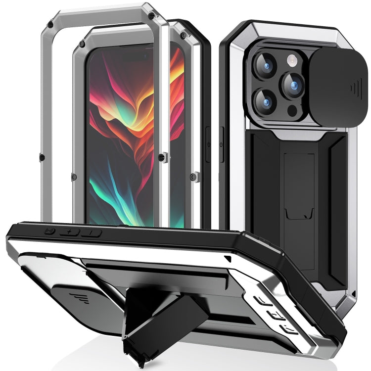 For iPhone 15 Pro R-JUST Sliding Camera IP54 Life Waterproof Holder Phone Case(Silver) - free shipping - PMC TechLife - Order now!