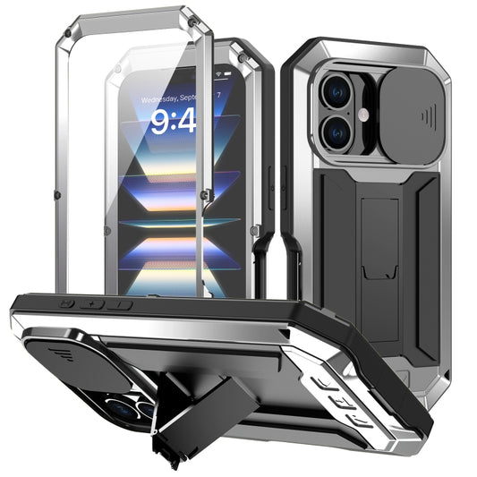 For iPhone 16 R-JUST Sliding Camera IP54 Life Waterproof Holder Phone Case(Silver) - iPhone 16 Cases by R-JUST | Online Shopping South Africa | PMC Jewellery | Buy Now Pay Later Mobicred