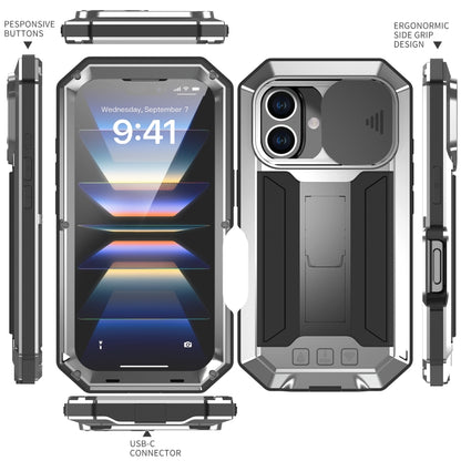 For iPhone 16 R-JUST Sliding Camera IP54 Life Waterproof Holder Phone Case(Silver) - iPhone 16 Cases by R-JUST | Online Shopping South Africa | PMC Jewellery | Buy Now Pay Later Mobicred