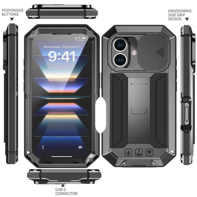 For iPhone 16 Plus R-JUST Sliding Camera IP54 Life Waterproof Holder Phone Case(Black) - iPhone 16 Plus Cases by R-JUST | Online Shopping South Africa | PMC Jewellery | Buy Now Pay Later Mobicred