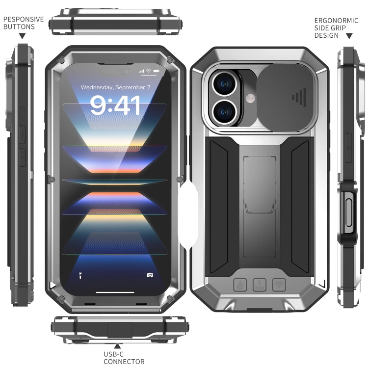 For iPhone 16 Plus R-JUST Sliding Camera IP54 Life Waterproof Holder Phone Case(Silver) - free shipping - PMC Jewellery - Order now!