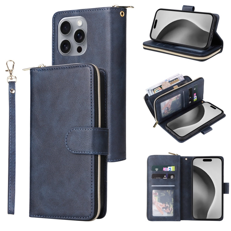 For iPhone 16 Pro Max 9 Card Slots Zipper Wallet Bag Leather Phone Case(Blue) - iPhone 16 Pro Max Cases by PMC TechLife | Online Shopping South Africa | PMC TechLife | Buy Now Pay Later Mobicred