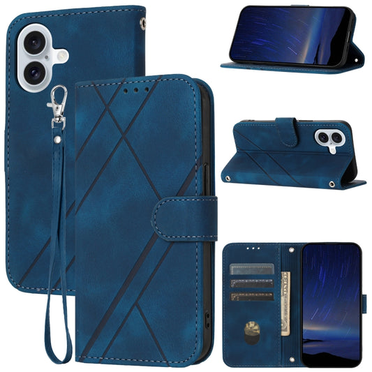 For iPhone 16 Embossed Line Leather Phone Case with Lanyard(Blue) - iPhone 16 Cases by PMC Jewellery | Online Shopping South Africa | PMC Jewellery | Buy Now Pay Later Mobicred