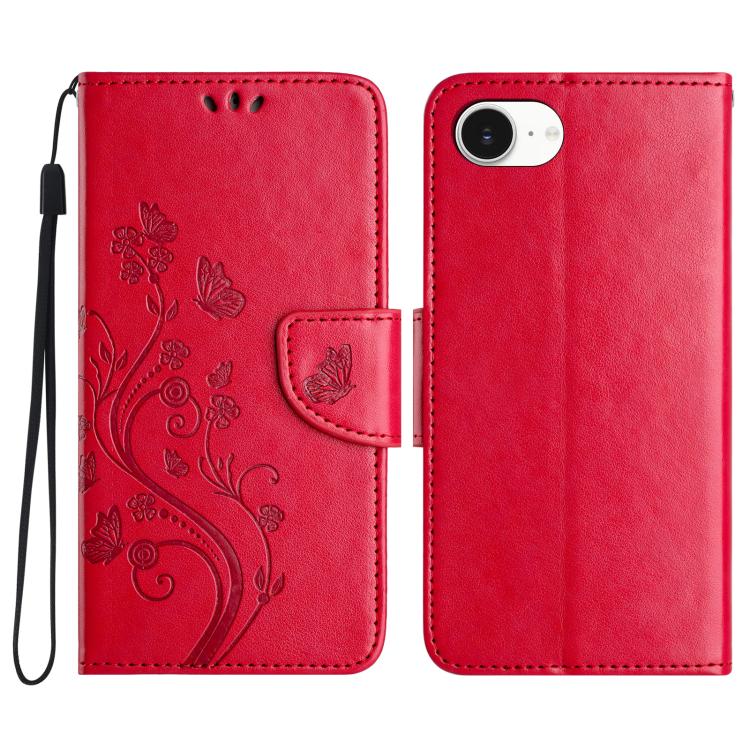For iPhone 16e Butterfly Flower Pattern Flip Leather Phone Case(Red) - iPhone 16e Cases by PMC TechLife | Online Shopping South Africa | PMC TechLife | Buy Now Pay Later Mobicred