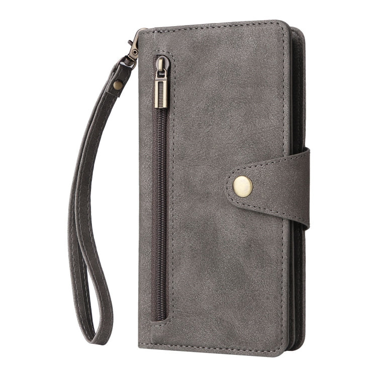 For Google Pixel 8 Rivet Buckle 9 Cards Three Fold Leather Phone Case(Grey) - Google Cases by PMC TechLife | Online Shopping South Africa | PMC TechLife | Buy Now Pay Later Mobicred