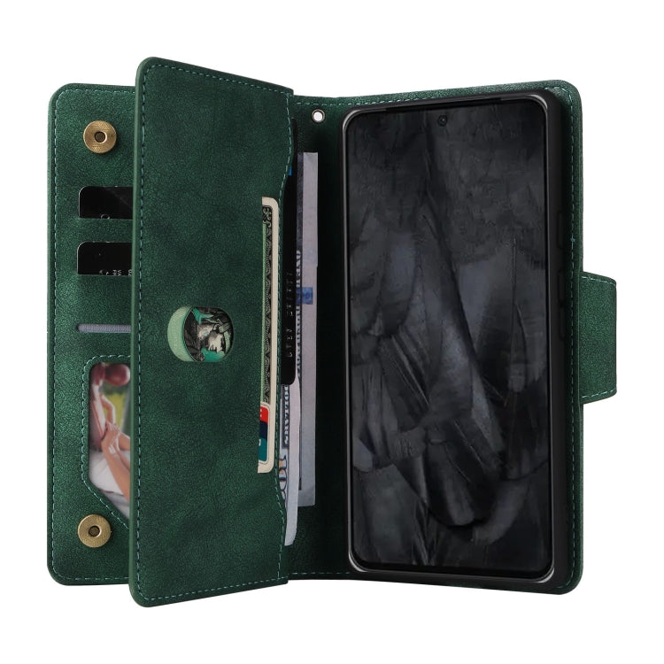 For Google Pixel 8 Pro Rivet Buckle 9 Cards Three Fold Leather Phone Case(Green) - Google Cases by PMC Jewellery | Online Shopping South Africa | PMC Jewellery | Buy Now Pay Later Mobicred