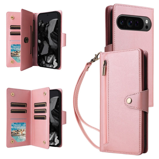 For Google Pixel 9 Pro Rivet Buckle 9 Cards Three Fold Leather Phone Case(Rose Gold) - Google Cases by PMC Jewellery | Online Shopping South Africa | PMC Jewellery | Buy Now Pay Later Mobicred