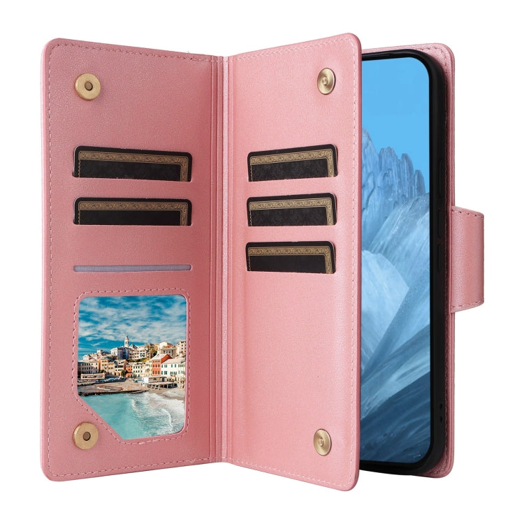 For Google Pixel 9 Rivet Buckle 9 Cards Three Fold Leather Phone Case(Rose Gold) - Google Cases by PMC TechLife | Online Shopping South Africa | PMC TechLife | Buy Now Pay Later Mobicred