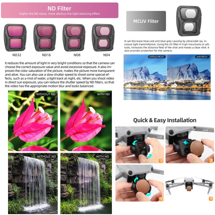 For DJI Air 3 Sunnylife Camera Lens Filter, Filter:4 in 1 MCUV CPL ND4 ND8 - free shipping - PMC TechLife - Order now!