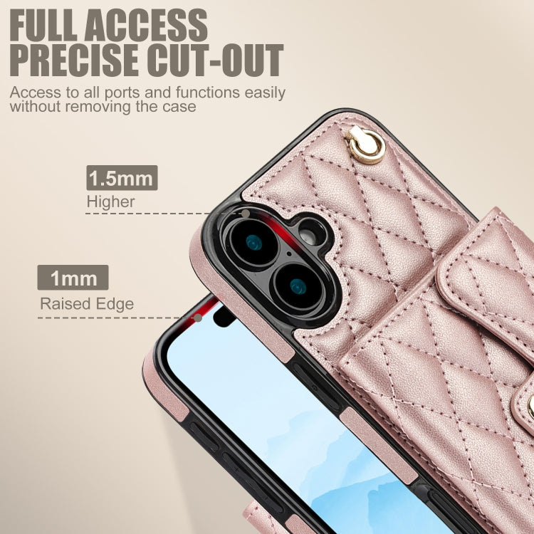 For iPhone 16 Plus Crossbody Rhombic Horizontal Wallet Leather Phone Case(Rose Gold) - free shipping - PMC Jewellery - Order now!