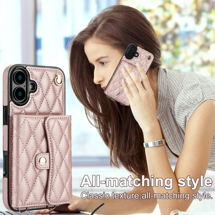 For iPhone 16 Plus Crossbody Rhombic Horizontal Wallet Leather Phone Case(Rose Gold) - free shipping - PMC Jewellery - Order now!