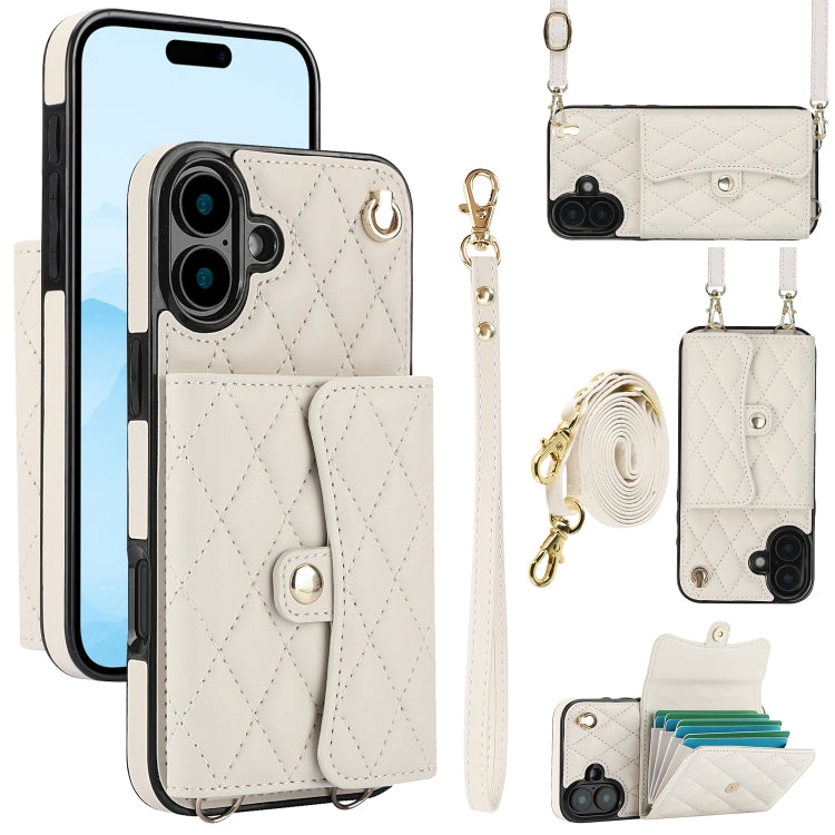 For iPhone 16 Crossbody Rhombic Horizontal Wallet Leather Phone Case(White) - iPhone 16 Cases by PMC Jewellery | Online Shopping South Africa | PMC Jewellery | Buy Now Pay Later Mobicred