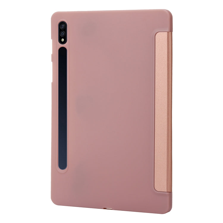 For Samsung Galaxy Tab S9 3-Fold Holder Silicone Leather Tablet Case(Rose Gold) - Galaxy Tab S9 Cases by PMC Jewellery | Online Shopping South Africa | PMC Jewellery | Buy Now Pay Later Mobicred