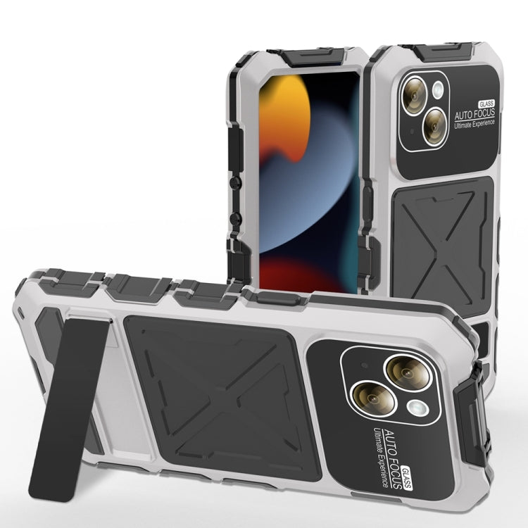 For iPhone 15 Plus R-JUST Metal + Silicone + Tempered Glass Life Waterproof Phone Case with Holder(Silver) - iPhone 15 Plus Cases by R-JUST | Online Shopping South Africa | PMC Jewellery