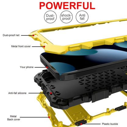 For iPhone 15 R-JUST Metal + Silicone + Tempered Glass Life Waterproof Phone Case with Holder(Yellow) - iPhone 15 Cases by R-JUST | Online Shopping South Africa | PMC Jewellery