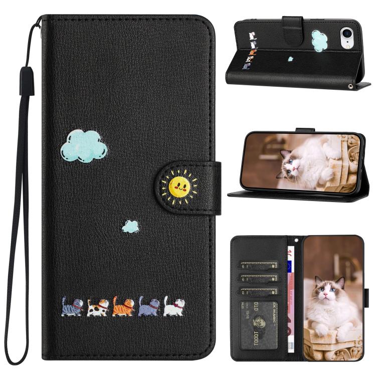 For iPhone 16e Cartoon Cats Leather Phone Case(Black) - iPhone 16e Cases by PMC TechLife | Online Shopping South Africa | PMC TechLife | Buy Now Pay Later Mobicred