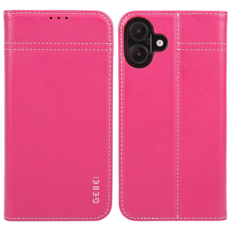 For iPhone 16 GEBEI Top-grain Horizontal Flip Leather Phone Case(Rose Red) - iPhone 16 Cases by GEBEI | Online Shopping South Africa | PMC Jewellery | Buy Now Pay Later Mobicred