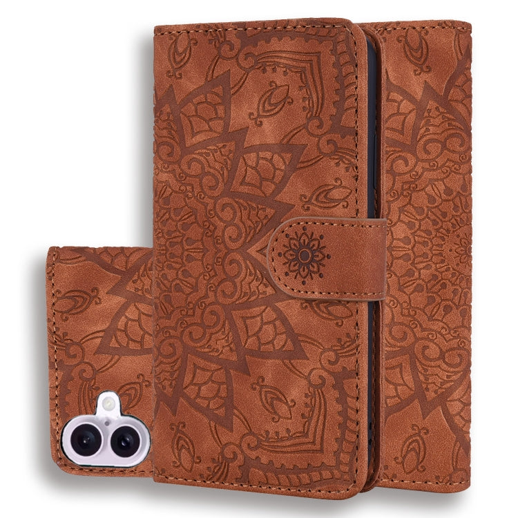 For iPhone 16 Plus Mandala Embossed Dual-Fold Calf Leather Phone Case(Brown) - iPhone 16 Plus Cases by PMC Jewellery | Online Shopping South Africa | PMC Jewellery | Buy Now Pay Later Mobicred