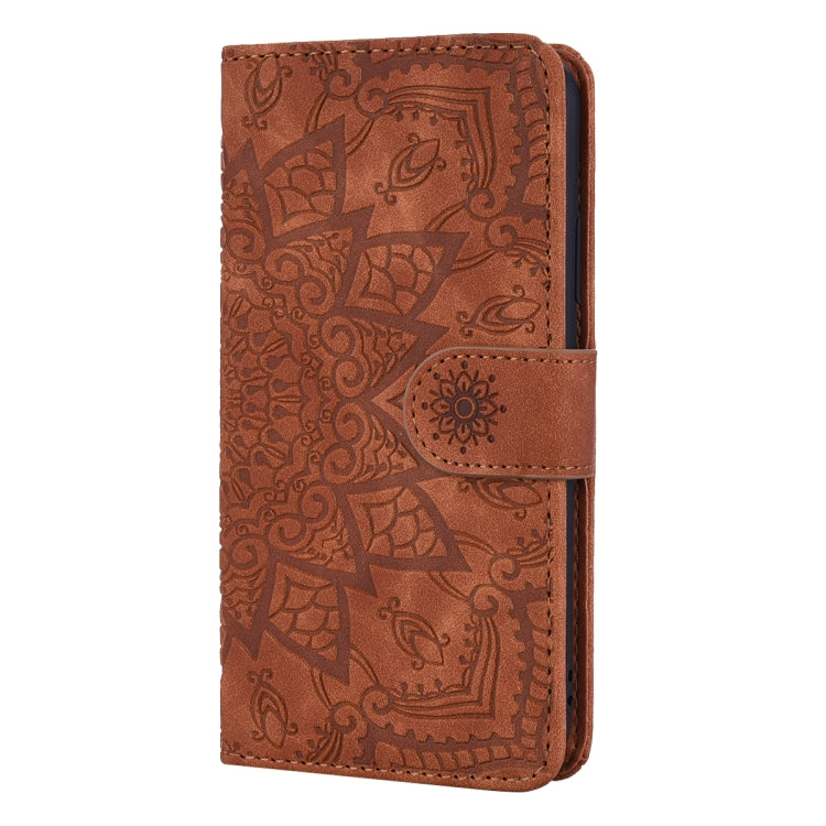 For iPhone 16 Plus Mandala Embossed Dual-Fold Calf Leather Phone Case(Brown) - iPhone 16 Plus Cases by PMC Jewellery | Online Shopping South Africa | PMC Jewellery | Buy Now Pay Later Mobicred