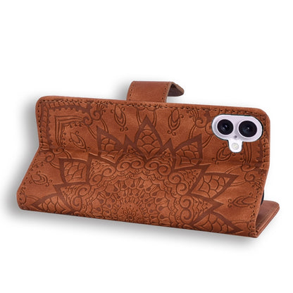 For iPhone 16 Plus Mandala Embossed Dual-Fold Calf Leather Phone Case(Brown) - iPhone 16 Plus Cases by PMC Jewellery | Online Shopping South Africa | PMC Jewellery | Buy Now Pay Later Mobicred