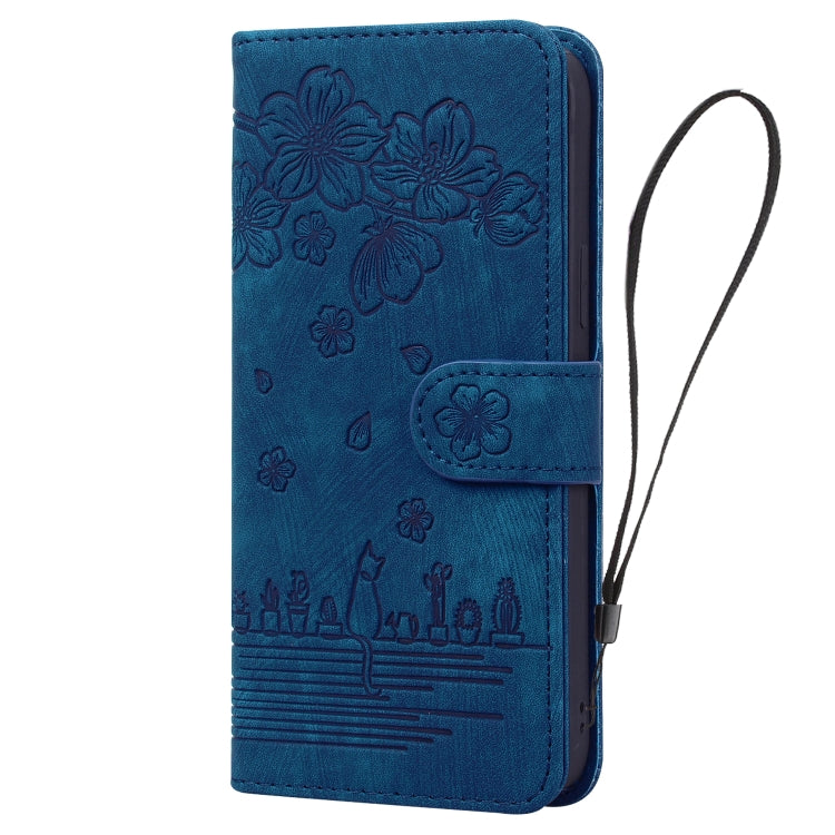 For iPhone 16 Pro Cartoon Sakura Cat Embossed Leather Phone Case(Royal Blue) - iPhone 16 Pro Cases by PMC TechLife | Online Shopping South Africa | PMC TechLife | Buy Now Pay Later Mobicred