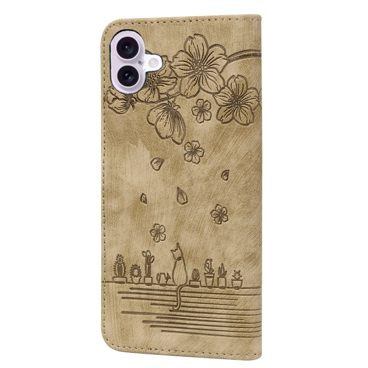 For iPhone 16 Plus Cartoon Sakura Cat Embossed Leather Phone Case(Brown) - iPhone 16 Plus Cases by PMC Jewellery | Online Shopping South Africa | PMC Jewellery | Buy Now Pay Later Mobicred