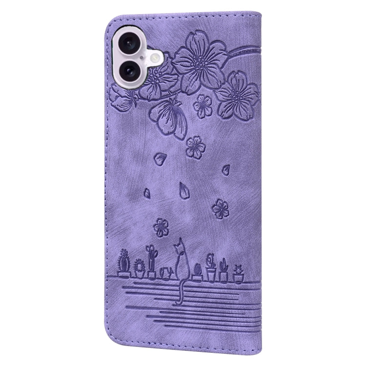 For iPhone 16 Cartoon Sakura Cat Embossed Leather Phone Case(Purple) - iPhone 16 Cases by PMC Jewellery | Online Shopping South Africa | PMC Jewellery | Buy Now Pay Later Mobicred