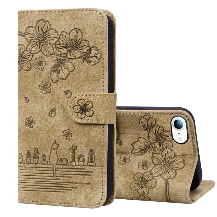 For iPhone 16e Cartoon Sakura Cat Embossed Leather Phone Case(Brown) - iPhone 16e Cases by PMC TechLife | Online Shopping South Africa | PMC TechLife | Buy Now Pay Later Mobicred
