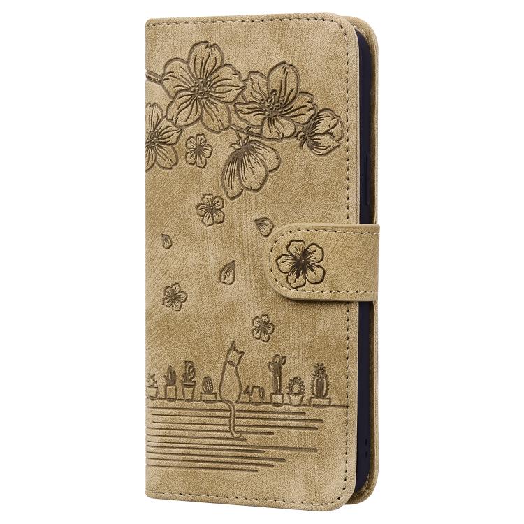 For iPhone 16e Cartoon Sakura Cat Embossed Leather Phone Case(Brown) - iPhone 16e Cases by PMC TechLife | Online Shopping South Africa | PMC TechLife | Buy Now Pay Later Mobicred