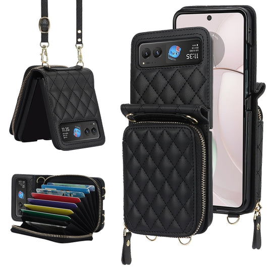 For Motorola Razr 40 Rhombic Texture Card Bag Phone Case with Dual Lanyard(Black) - Motorola Cases by PMC Jewellery | Online Shopping South Africa | PMC Jewellery | Buy Now Pay Later Mobicred