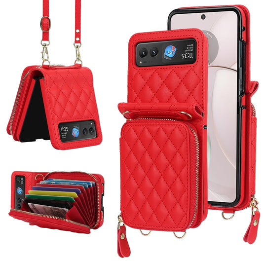 For Motorola Razr 40 Rhombic Texture Card Bag Phone Case with Dual Lanyard(Red) - Motorola Cases by PMC Jewellery | Online Shopping South Africa | PMC Jewellery | Buy Now Pay Later Mobicred