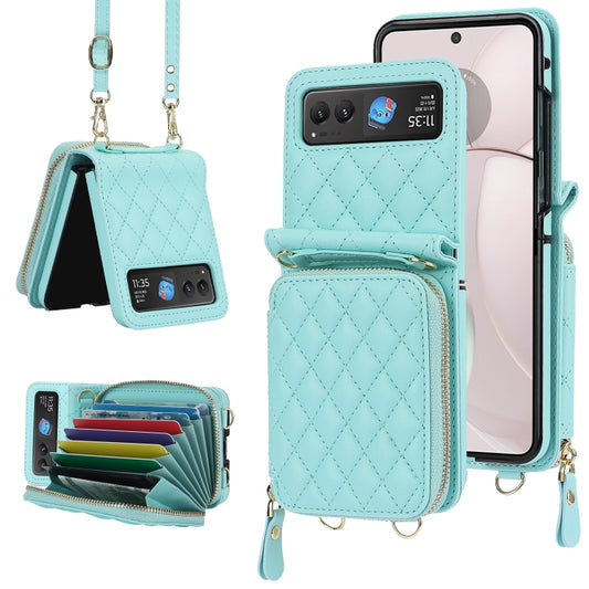 For Motorola Razr 40 Rhombic Texture Card Bag Phone Case with Dual Lanyard(Green) - Motorola Cases by PMC Jewellery | Online Shopping South Africa | PMC Jewellery | Buy Now Pay Later Mobicred