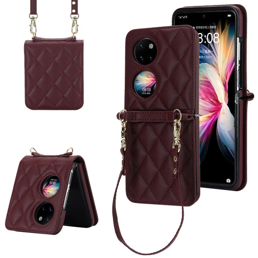 For Huawei P50 Pocket Rhombic Texture Card Bag Phone Case with Dual Lanyard(Burgundy) - Huawei Cases by PMC Jewellery | Online Shopping South Africa | PMC Jewellery | Buy Now Pay Later Mobicred