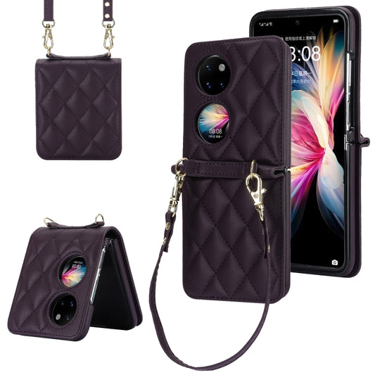 For Huawei P50 Pocket Rhombic Texture Card Bag Phone Case with Dual Lanyard(Dark Purple) - Huawei Cases by PMC Jewellery | Online Shopping South Africa | PMC Jewellery | Buy Now Pay Later Mobicred