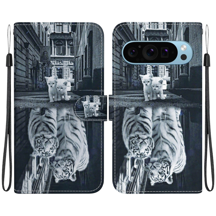 For Google Pixel 9 Crystal Texture Colored Drawing Leather Phone Case(Cat Tiger Reflection) - Google Cases by PMC TechLife | Online Shopping South Africa | PMC TechLife | Buy Now Pay Later Mobicred
