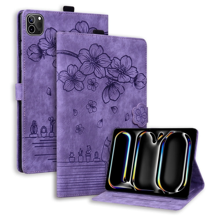 For iPad Pro 11 2024 Cartoon Sakura Cat Embossed Smart Leather Tablet Case(Purple) - iPad Pro 11 2024 Cases by PMC TechLife | Online Shopping South Africa | PMC TechLife | Buy Now Pay Later Mobicred