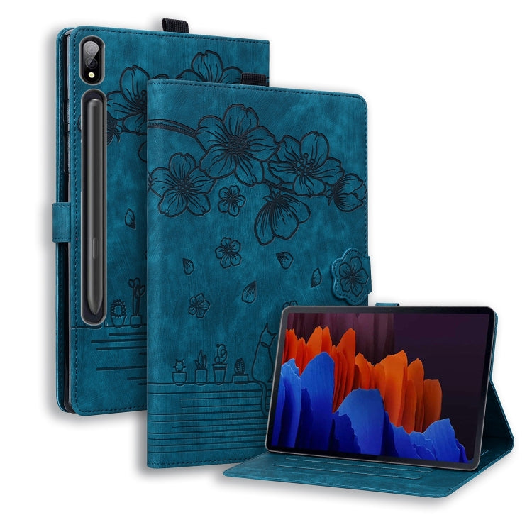 For Samsung Galaxy Tab S9 /S8 /S7 Cartoon Sakura Cat Embossed Smart Leather Tablet Case(Blue) - Galaxy Tab S9 Cases by PMC Jewellery | Online Shopping South Africa | PMC Jewellery | Buy Now Pay Later Mobicred