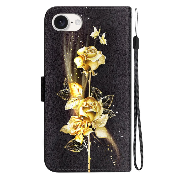 For iPhone 16e Crystal Texture Colored Drawing Leather Phone Case(Gold Butterfly Rose) - free shipping - PMC TechLife - Order now!