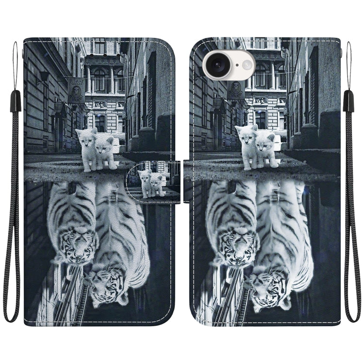 For iPhone 16e Crystal Texture Colored Drawing Leather Phone Case(Cat Tiger Reflection) - iPhone 16e Cases by PMC TechLife | Online Shopping South Africa | PMC TechLife | Buy Now Pay Later Mobicred