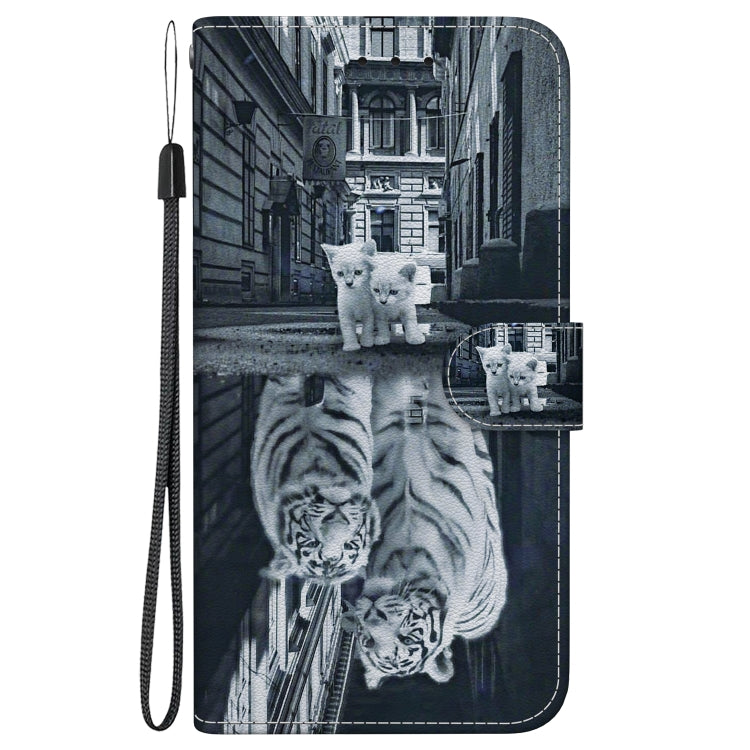 For iPhone 16e Crystal Texture Colored Drawing Leather Phone Case(Cat Tiger Reflection) - iPhone 16e Cases by PMC TechLife | Online Shopping South Africa | PMC TechLife | Buy Now Pay Later Mobicred