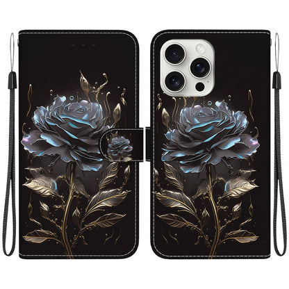 For iPhone 16 Pro Crystal Texture Colored Drawing Leather Phone Case(Black Rose) - iPhone 16 Pro Cases by PMC Jewellery | Online Shopping South Africa | PMC Jewellery | Buy Now Pay Later Mobicred