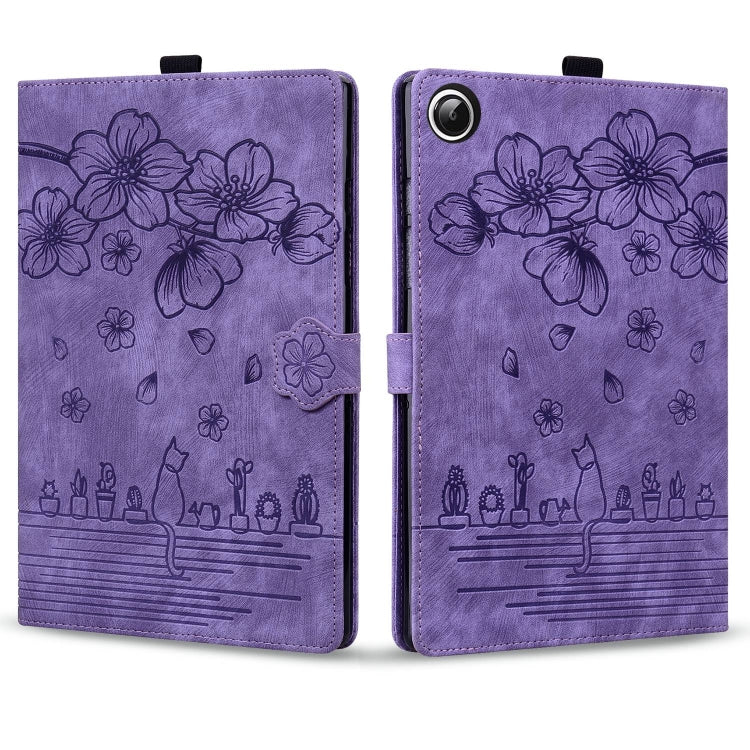 For Samsung Galaxy Tab A9 Cartoon Sakura Cat Embossed Leather Tablet Case(Purple) - Galaxy Tab A9 by PMC Jewellery | Online Shopping South Africa | PMC Jewellery