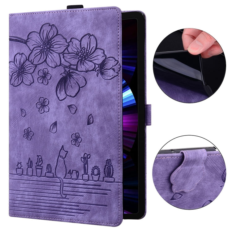 For Samsung Galaxy Tab S9 FE+ Cartoon Sakura Cat Embossed Leather Tablet Case(Purple) - Galaxy Tab S9 FE+ by PMC Jewellery | Online Shopping South Africa | PMC Jewellery | Buy Now Pay Later Mobicred