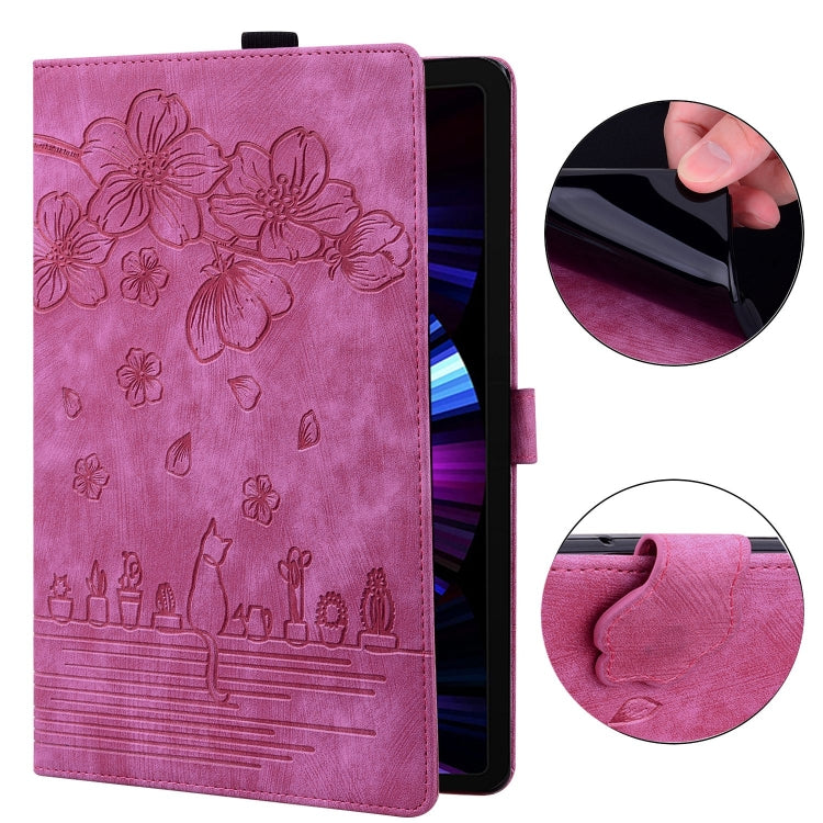 For Lenovo Tab P12 12.7 Cartoon Sakura Cat Embossed Leather Tablet Case(Rose Red) - Lenovo by PMC TechLife | Online Shopping South Africa | PMC TechLife | Buy Now Pay Later Mobicred