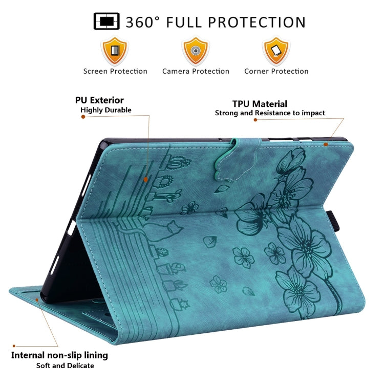 For Lenovo Tab P11 TB-J606F Cartoon Sakura Cat Embossed Leather Tablet Case(Green) - Lenovo by PMC TechLife | Online Shopping South Africa | PMC TechLife | Buy Now Pay Later Mobicred